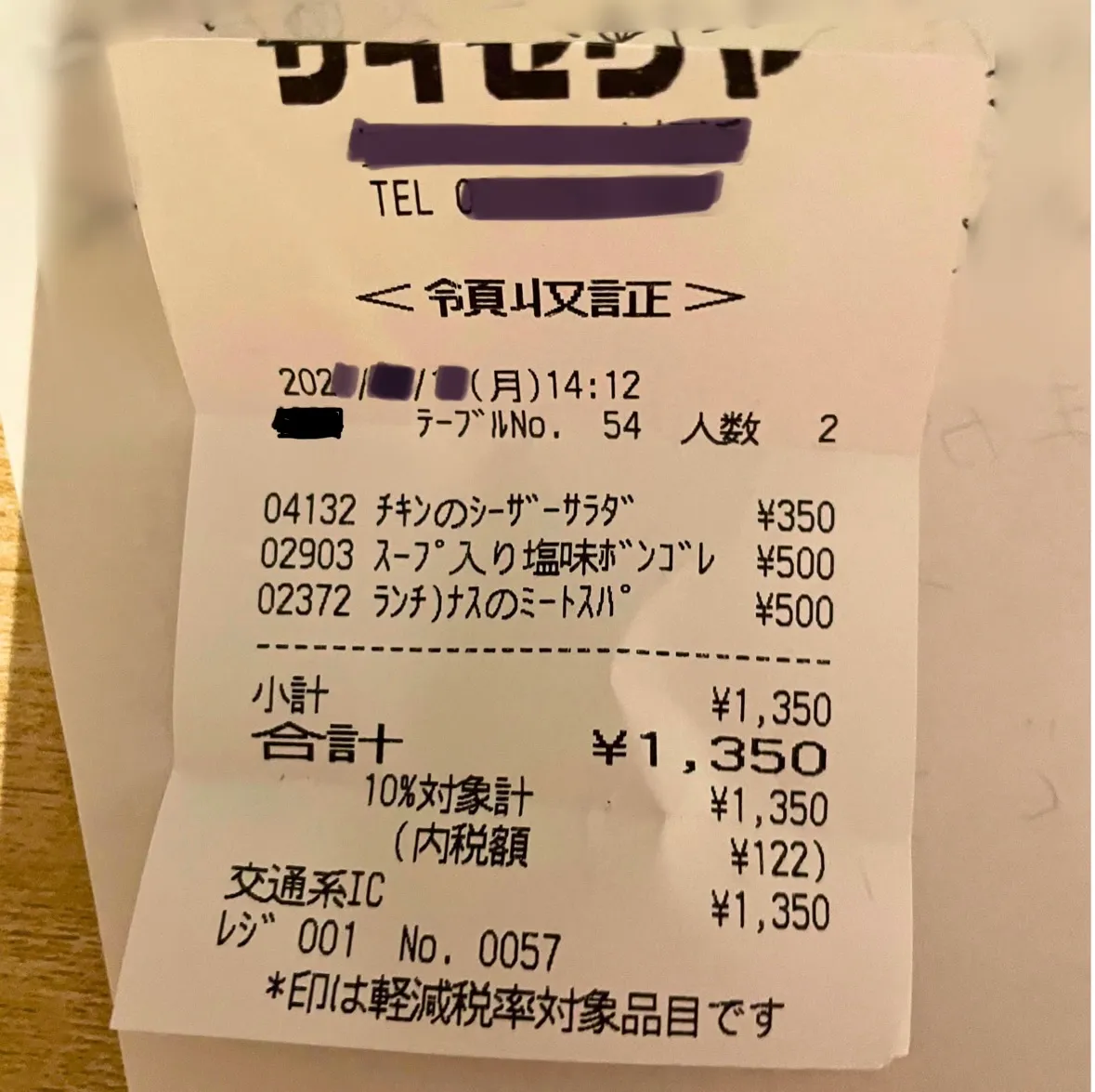 この日のレシート。