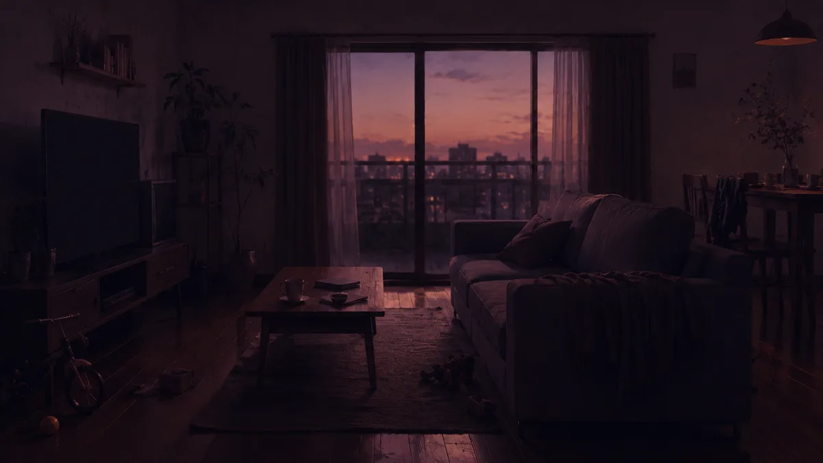夕暮れの静かなリビング。家庭にひそむ小さな違和感を思わせる情景。