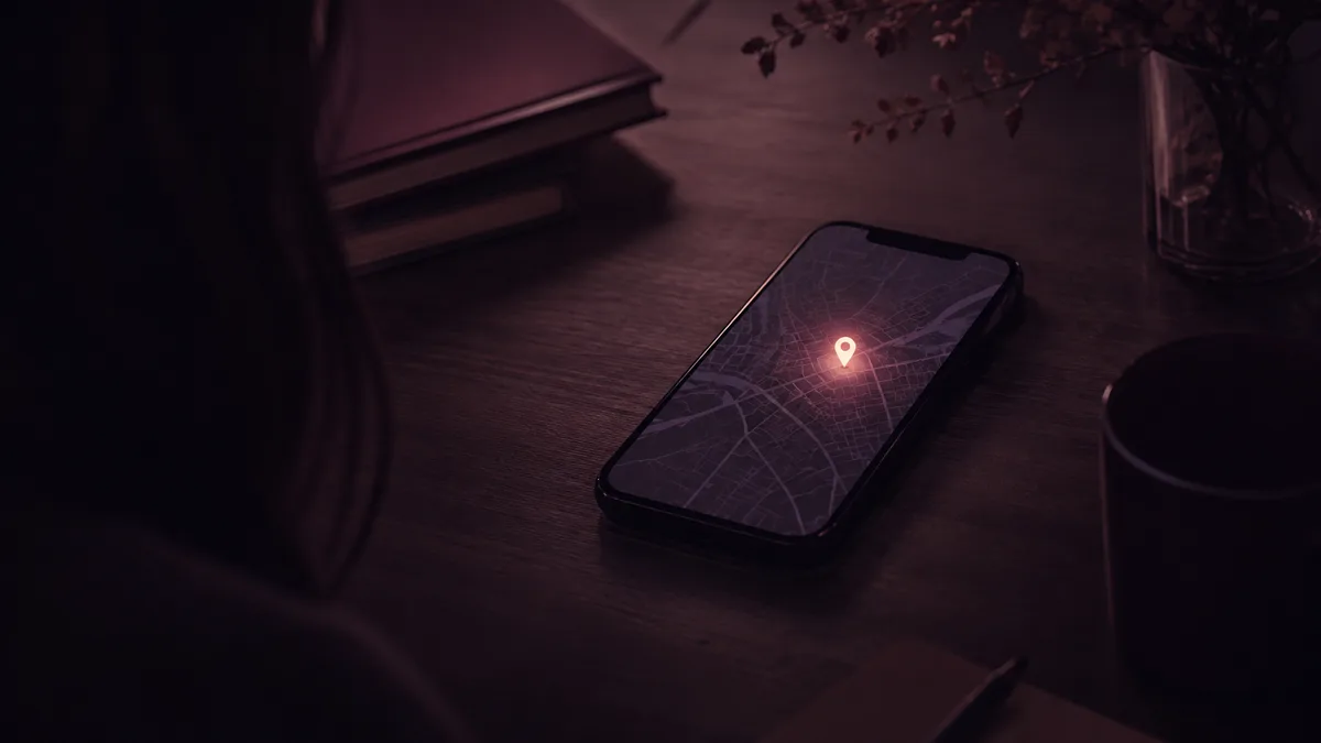 暗い机に置かれたスマートフォン。地図にひとつだけ光る位置ピン。